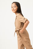 GN4292 TAUPE Girls Rolled Sleeve Collared Jumpsuit with Belt Side