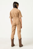 GN4292 TAUPE Girls Rolled Sleeve Collared Jumpsuit with Belt Back