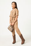 GN4292 TAUPE Girls Rolled Sleeve Collared Jumpsuit with Belt Full Body