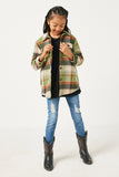 GN4294 OLIVE Girls Plaid Long Length Button Up Shirt Full Body