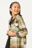 GN4294 OLIVE Girls Plaid Long Length Button Up Shirt Detail