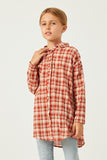 GN4313 Rust Girls Plaid Oversize Pocket Button Up Long Sleeve Shirt Front