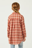 GN4313 Rust Girls Plaid Oversize Pocket Button Up Long Sleeve Shirt Back