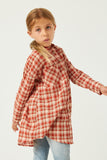 GN4313 Rust Girls Plaid Oversize Pocket Button Up Long Sleeve Shirt Side