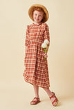 GN4314 Rust Girls Ruffle Neck Long Elbow Sleeve Plaid Dress Full Body