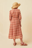 GN4314 Rust Girls Ruffle Neck Long Elbow Sleeve Plaid Dress Back