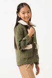 GN4359 OLIVE Girls Fleece Fur Trimmed Corduroy Sherpa Jacket Side