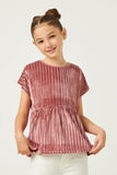 GN4423 MAUVE Girls Ribbed Velvet Round neck Babydoll Top Front