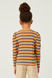 Girls Engineered Stripe Puff Shoulder Top Back