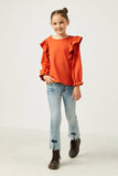 GN4455 RUST Girls Soft French Terry Cuffed Ruffled Long Sleeve Top Full Body