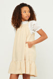 GN4478 YELLOW Girls Textured Checkered Ruffle Hem Sleeveless Dress Front