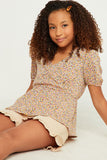 GN4532 BLUSH Girls Ditsy Floral Print Surplice Babydoll Top Pose