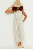 Stripe V Neck Sleeveless Belted Jumpsuit