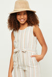 GN4537 IVORY Girls Multi Stripe V Neck Sleeveless Belted Jumpsuit Front