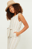 GN4537 IVORY Girls Multi Stripe V Neck Sleeveless Belted Jumpsuit Detail