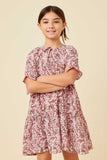 GN4575 MAUVE Girls Floral Print Tie Neck Cinch Sleeve Dress Front