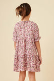 GN4575 MAUVE Girls Floral Print Tie Neck Cinch Sleeve Dress Back