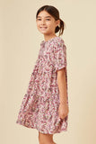 GN4575 MAUVE Girls Floral Print Tie Neck Cinch Sleeve Dress Side