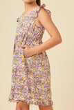 GN4597 LAVENDER Girls Floral Ruffle Hem Square Neck Tank Dress Detail