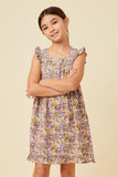 GN4597 LAVENDER Girls Floral Ruffle Hem Square Neck Tank Dress Front 2