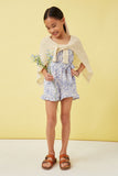 GN4679 BLUE Girls Floral Print Belted Sleeveless Romper Full Body