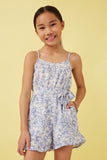 GN4679 BLUE Girls Floral Print Belted Sleeveless Romper Front