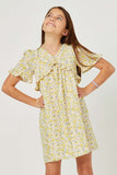 GN4693 LIME Girls Floral Ruffle Detail V Neck Short Sleeve Dress Front