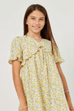 GN4693 LIME Girls Floral Ruffle Detail V Neck Short Sleeve Dress Detail