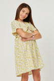 GN4693 LIME Girls Floral Ruffle Detail V Neck Short Sleeve Dress Side