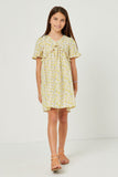 GN4693 LIME Girls Floral Ruffle Detail V Neck Short Sleeve Dress Full Body