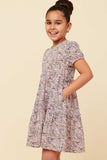 GN4703 LAVENDER Girls Ditsy Floral Tiered Puff Sleeve V Neck Dress Side