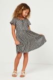 GN4709 NAVY Girls Ditsy Floral Knit Tie Neck Dress Full Body