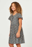 GN4709 NAVY Girls Ditsy Floral Knit Tie Neck Dress Side