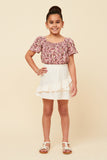 GN4728 MAUVE Girls Floral Print Flutter Sleeve Smocked Square Neck Top Full Body