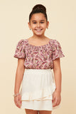 GN4728 MAUVE Girls Floral Print Flutter Sleeve Smocked Square Neck Top Front