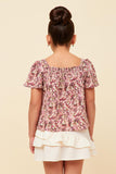 GN4728 MAUVE Girls Floral Print Flutter Sleeve Smocked Square Neck Top Back