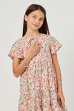 GN4732 PINK Girls Floral Print Tiered Tie Detail Dress Detail