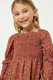 GY1327 Burgundy Girls Square Neck Ruffle Sleeve Smocked Top Front