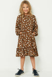 GY1350 Brown Girls Floral Print Ruffle Midi Dress Full Body