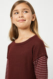 GY2003 Burgundy Girls Stripe Sleeve Knit Top Detail