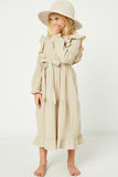 GY2247 Beige Girls Textured Long Sleeve Ruffle Midi Dress Full Body