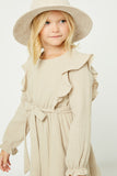 GY2247 Beige Girls Textured Long Sleeve Ruffle Midi Dress Side