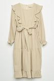 GY2247 Beige Girls Textured Long Sleeve Ruffle Midi Dress Front Flat