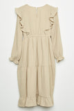 GY2247 Beige Girls Textured Long Sleeve Ruffle Midi Dress Back Flat