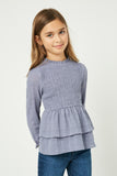 GY2287 Blue Girls Smocked Bodice Ruffled Peplum Top Front