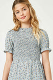 GY2380 Blue Girls Smocked Bodice Short Sleeve Tiered Midi Dress Close Up