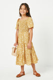 GY2387 MUSTARD Girls Smocked Short Sleeve Tiered Midi Dress Full Body