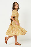 GY2387 MUSTARD Girls Smocked Short Sleeve Tiered Midi Dress Side