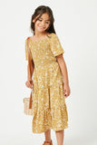 GY2387 MUSTARD Girls Smocked Short Sleeve Tiered Midi Dress Full Body 2