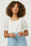 GY2414 Off White Girls Eyelet Puff Sleeve Square Neck Top Front